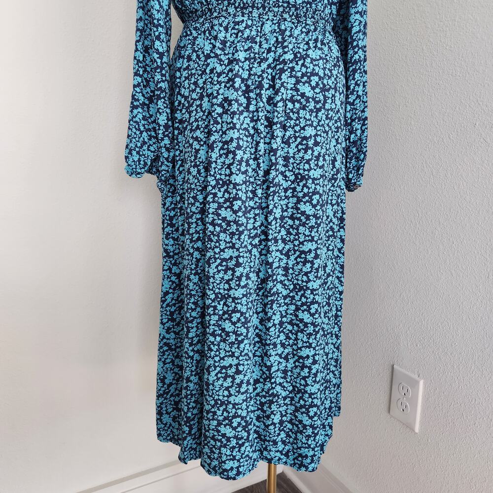 Vintage LOFT Blue Floral Long Sleeve Button Down A-Line Midi Dress L - Picture 11 of 12